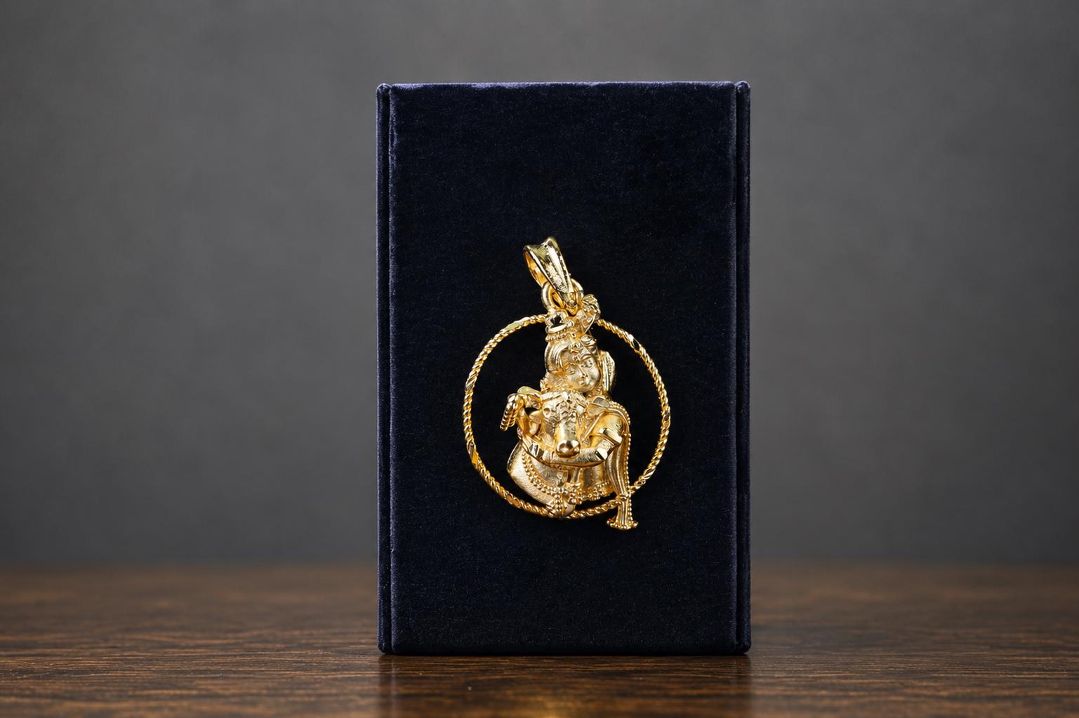 Gold Plated Panchaloham Krishna With Cow Pendant, Vedic Protection Amulet