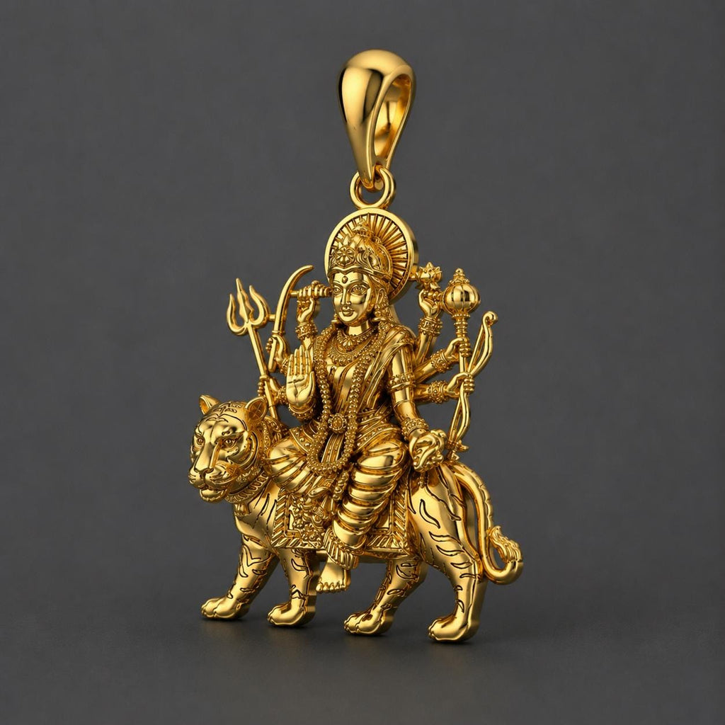 Handmade Panchaloha Durga Maa Pendant | Tiger Goddess Spiritual Amulet (3.5x1.5 cm)