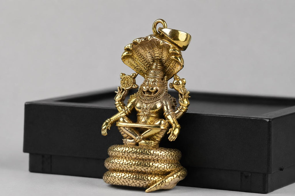 Panchdhatu Narsimha Sitting Sheshnag Pendant, Sacred Ugra Narsing Spiritual Panchaloha  Jewelry
