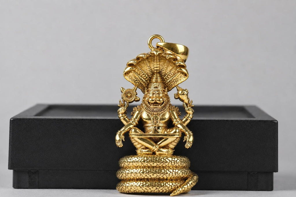 Panchdhatu Narsimha Sitting Sheshnag Pendant, Sacred Ugra Narsing Spiritual Panchaloha  Jewelry