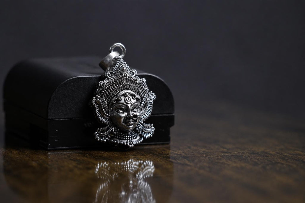 Goddess Durga Kali Face Pendant With Chain | Antique Oxidized Metal Charm | Indian Temple Jewelry