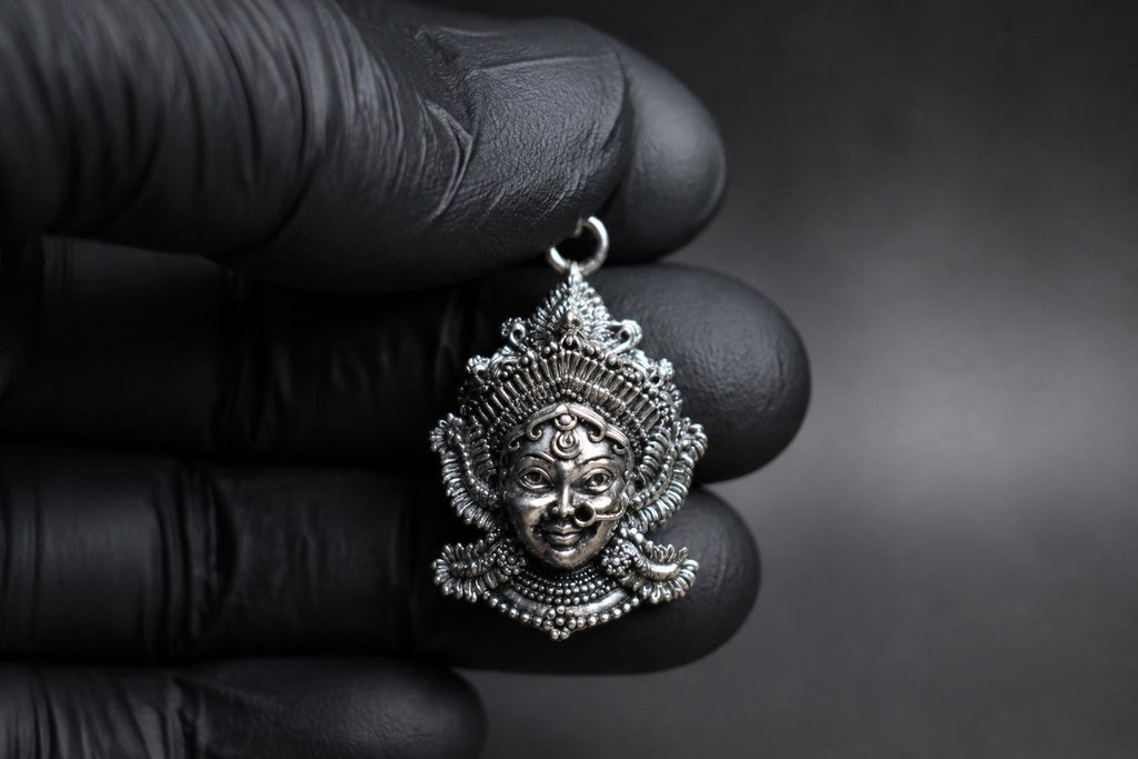 Goddess Durga Kali Face Pendant With Chain | Antique Oxidized Metal Charm | Indian Temple Jewelry