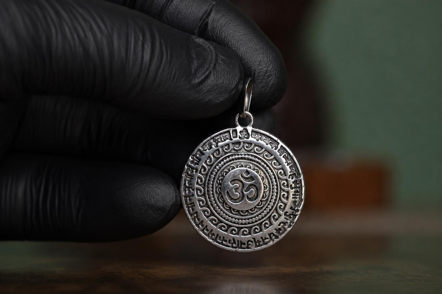 Oxidized Silver Finish Om Pendant | Sanskrit Mantra Sacred Mandala Charm | Circular Hindu Spiritual Locket