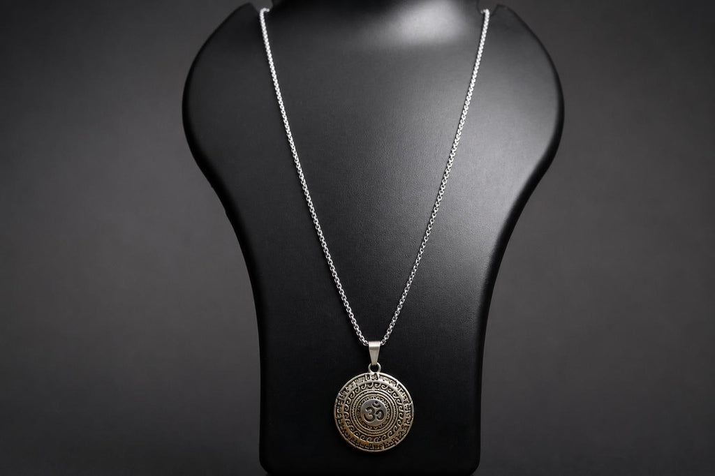 Oxidized Silver Finish Om Pendant | Sanskrit Mantra Sacred Mandala Charm | Circular Hindu Spiritual Locket
