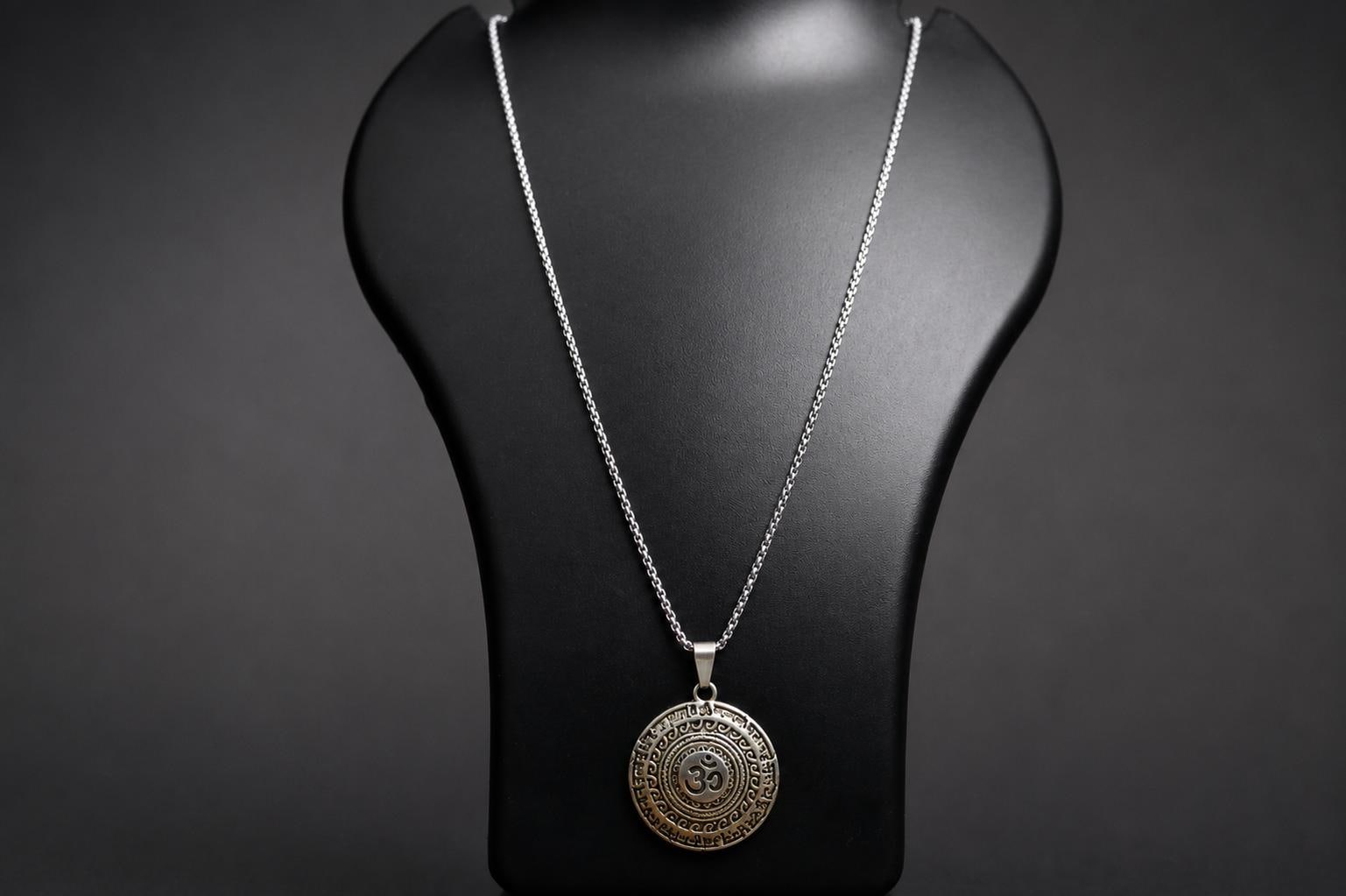 Oxidized Silver Finish Om Pendant | Sanskrit Mantra Sacred Mandala Charm | Circular Hindu Spiritual Locket