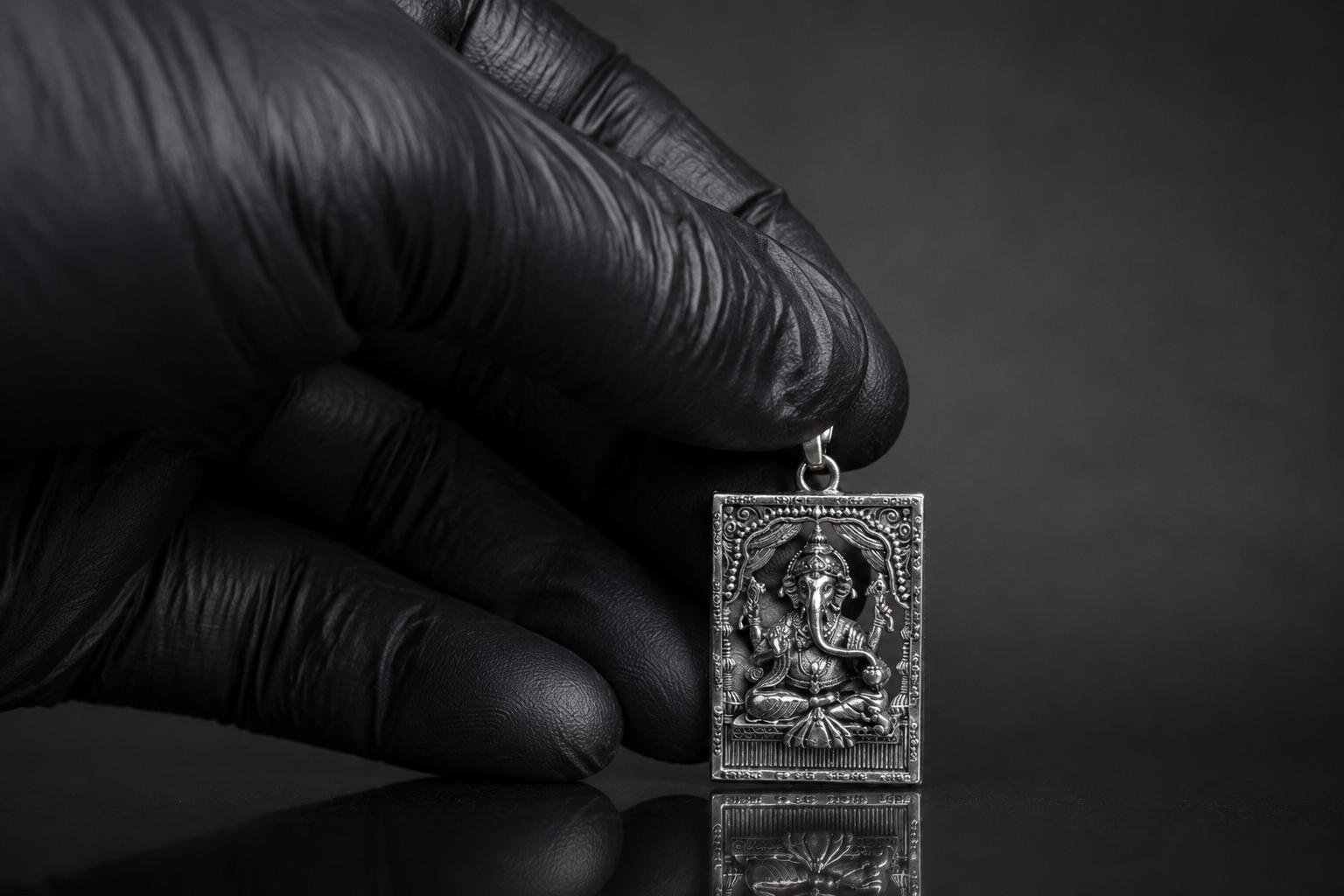 Silver Tone Finish Ganesh Metal Pendant | Sanskrit Mantra Sacred Ganesha