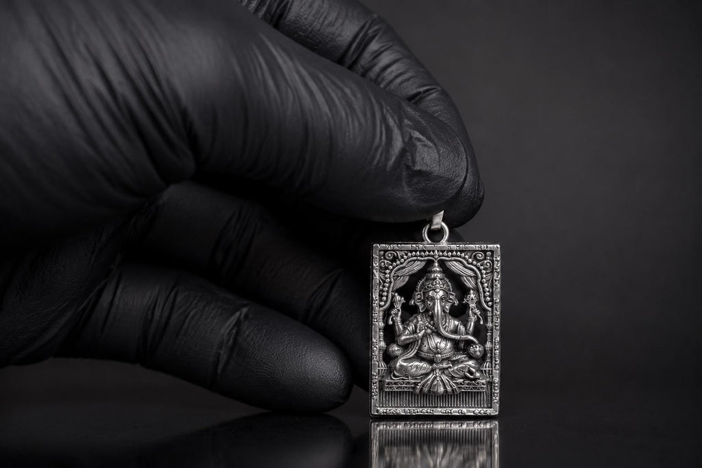 Silver Tone Finish Ganesh Metal Pendant | Sanskrit Mantra Sacred Ganesha