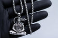 Meditating Hanuman protection Pendant Necklace, Antique Silver Tone, Spiritual Men's Jewelry
