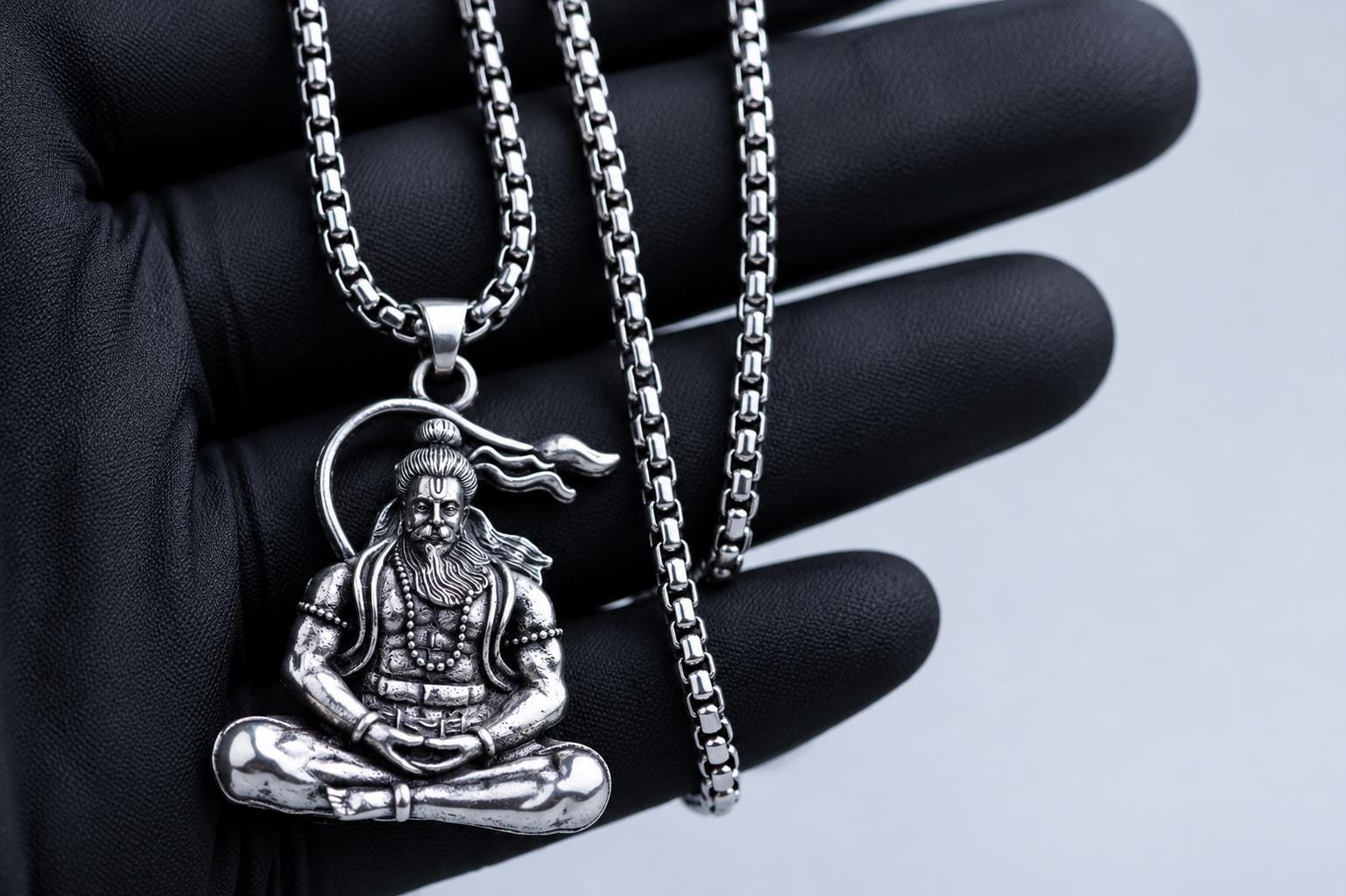 Meditating Hanuman protection Pendant Necklace, Antique Silver Tone, Spiritual Men's Jewelry