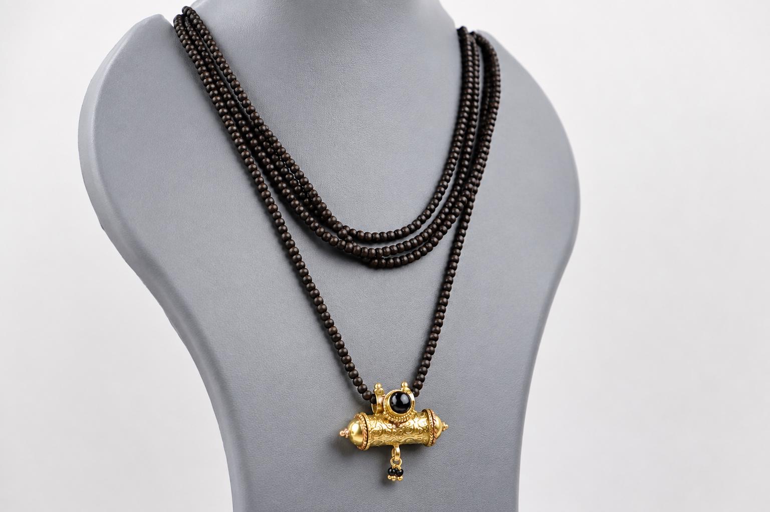3-Round Black Tulsi Mala with Panchaloha Narsimha  Pendant