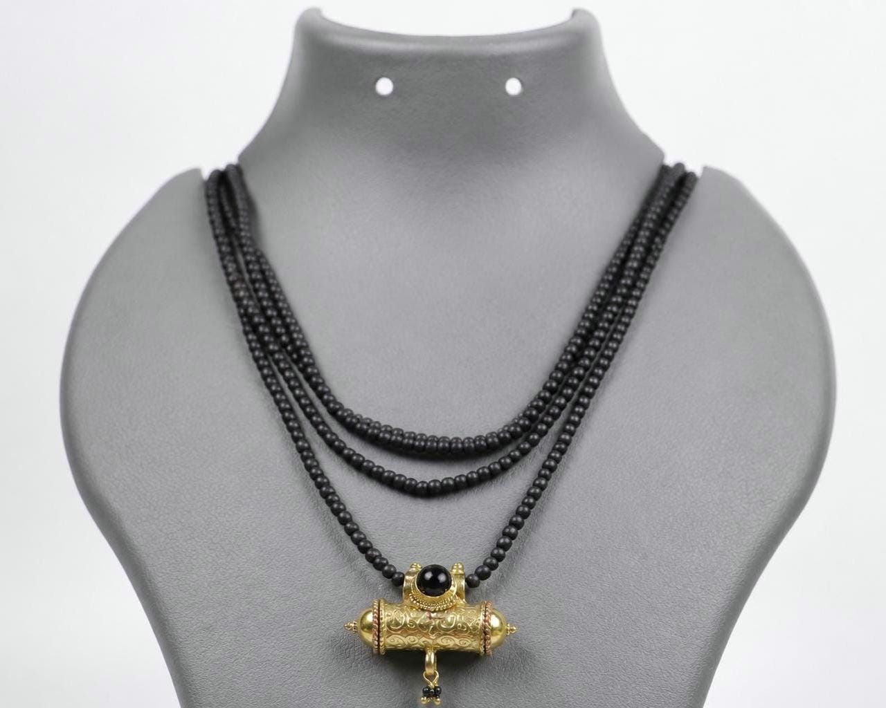 3-Round Black Tulsi Mala with Panchaloha Narsimha  Pendant