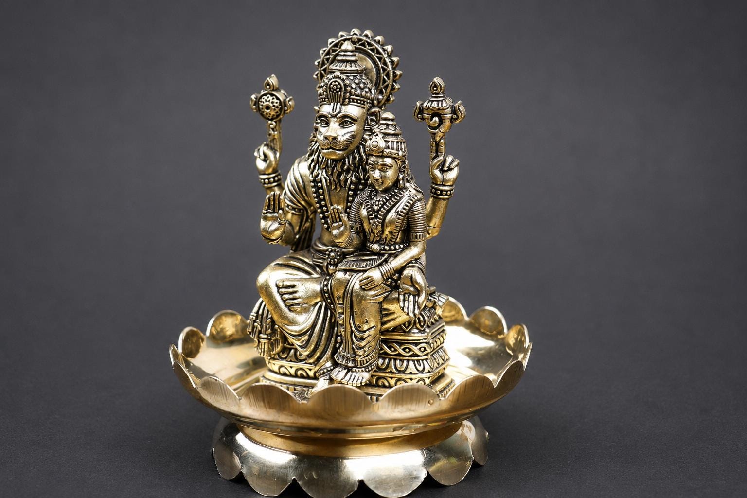 Brass Lakshmi Narasimha Statue With Sri Yantra Design Plate 4inch - Puja Home Decor