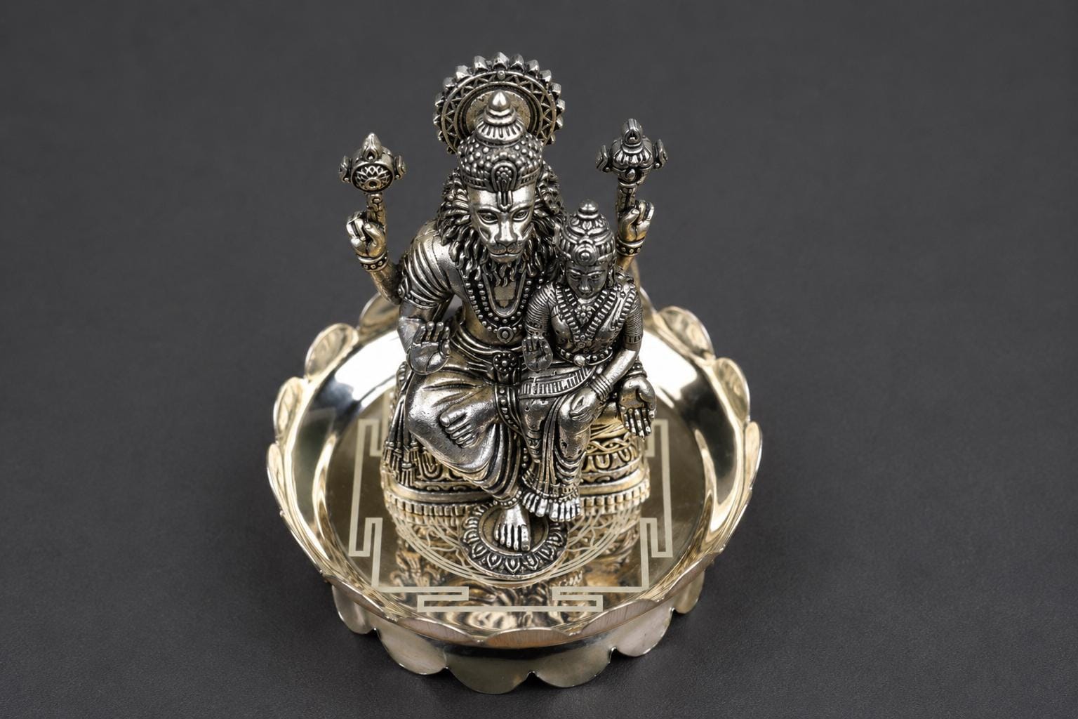 Brass Lakshmi Narasimha Statue With Sri Yantra Design Plate 4inch - Puja Home Decor