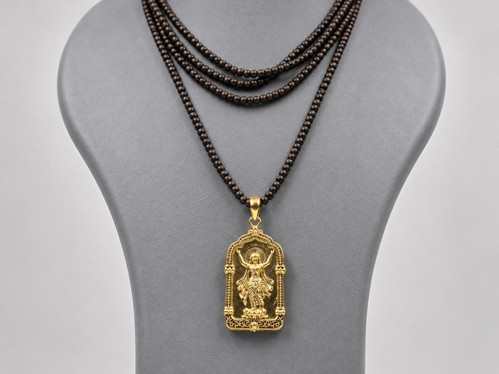 Panchaloha Chaitanya Mahaprabhu Pendant, 3-Round Black Tulsi Mala Necklace