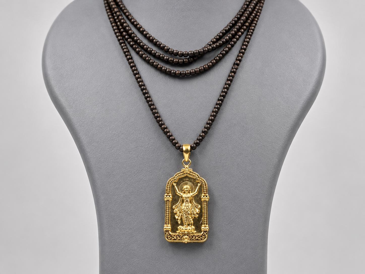 Panchaloha Chaitanya Mahaprabhu Pendant, 3-Round Black Tulsi Mala Necklace