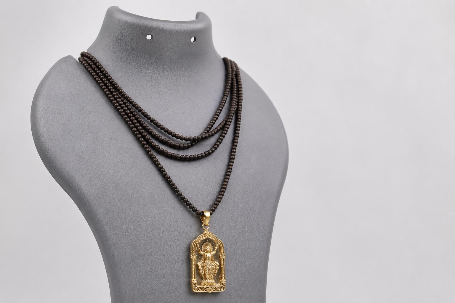 Panchaloha Chaitanya Mahaprabhu Pendant, 3-Round Black Tulsi Mala Necklace
