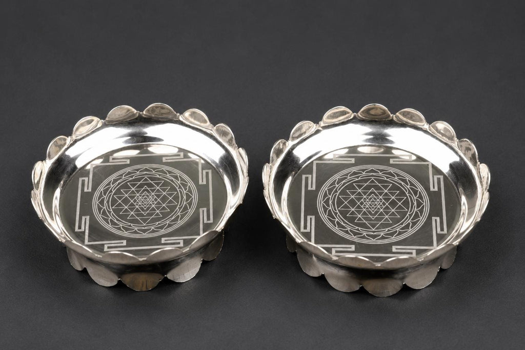 4 Inch Brass Shree Yantra Mandala  Plate Set | Polished Golden Sacred Mandala Altar Decor