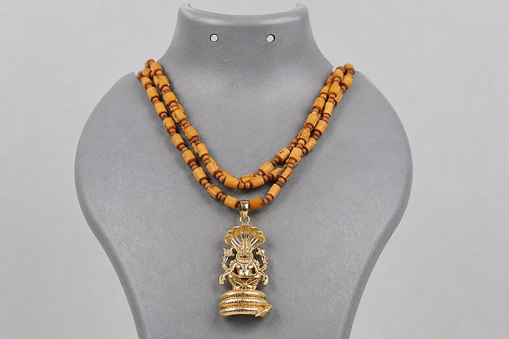 3-Round Tulsi Mala with Panchaloha Narsimha Pendant Necklace – Hindu Spiritual Jewelry