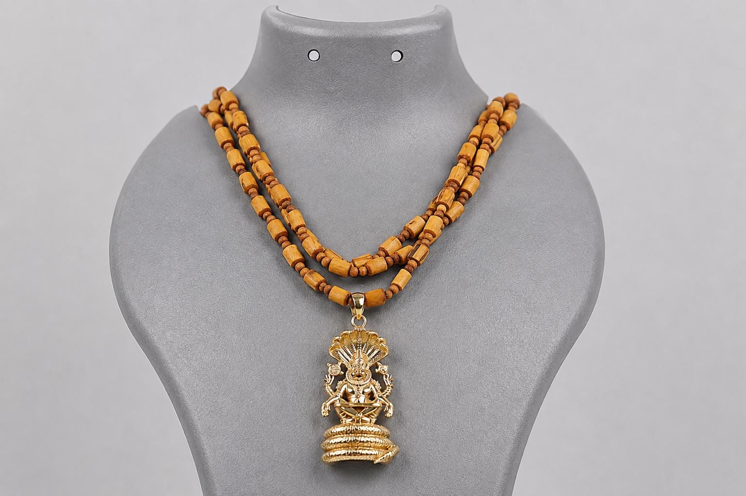 3-Round Tulsi Mala with Panchaloha Narsimha Pendant Necklace – Hindu Spiritual Jewelry