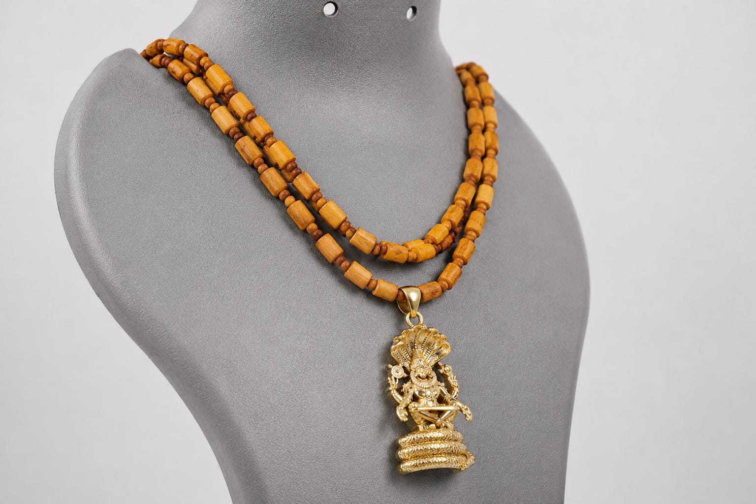 3-Round Tulsi Mala with Panchaloha Narsimha Pendant Necklace – Hindu Spiritual Jewelry