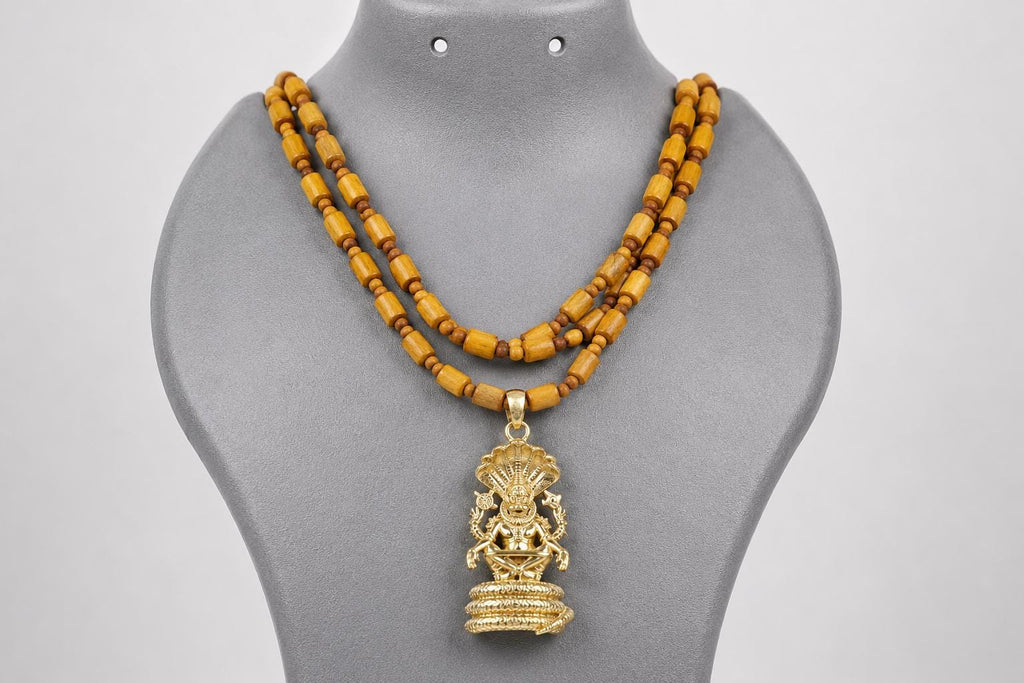 3-Round Tulsi Mala with Panchaloha Narsimha Pendant Necklace – Hindu Spiritual Jewelry