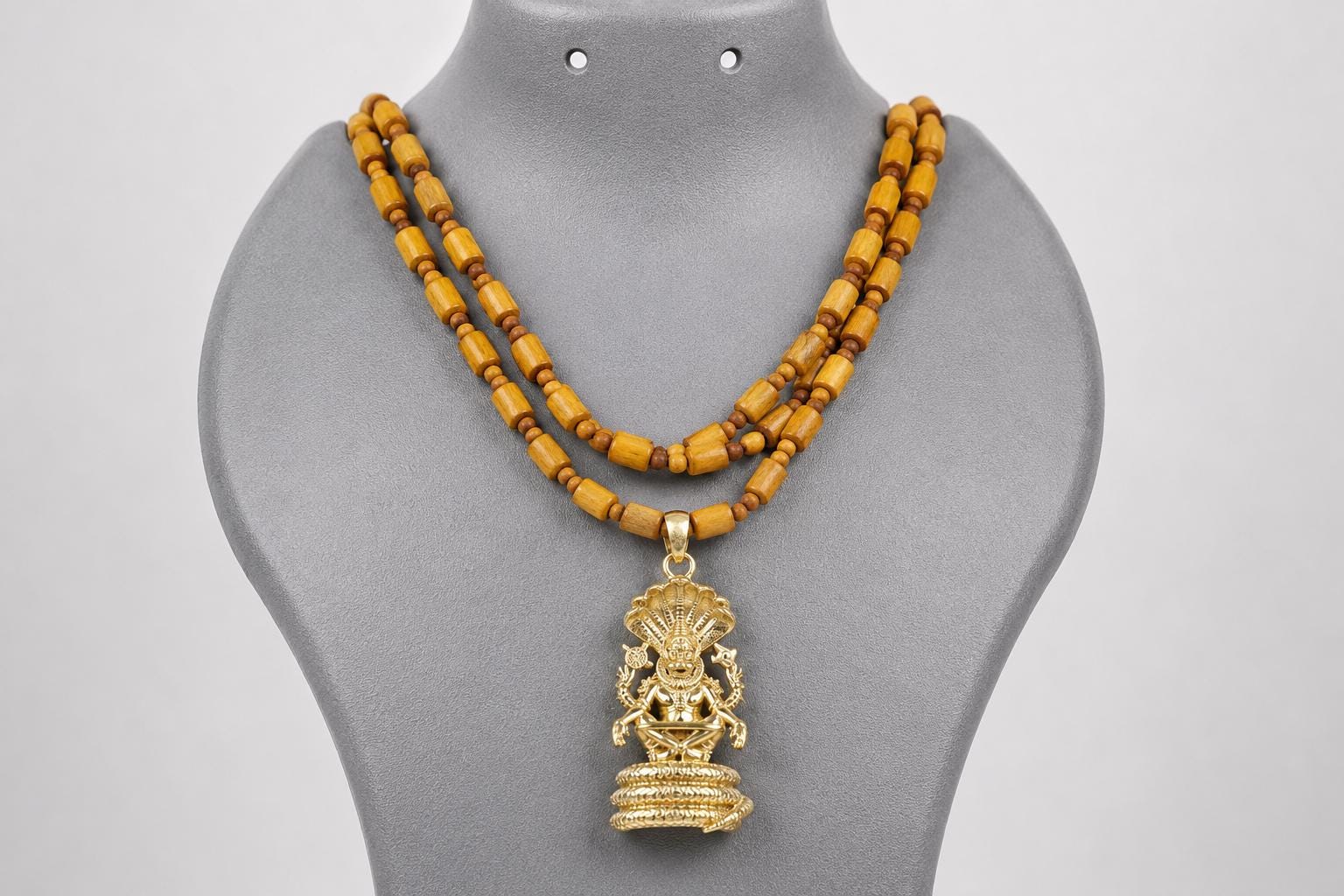3-Round Tulsi Mala with Panchaloha Narsimha Pendant Necklace – Hindu Spiritual Jewelry