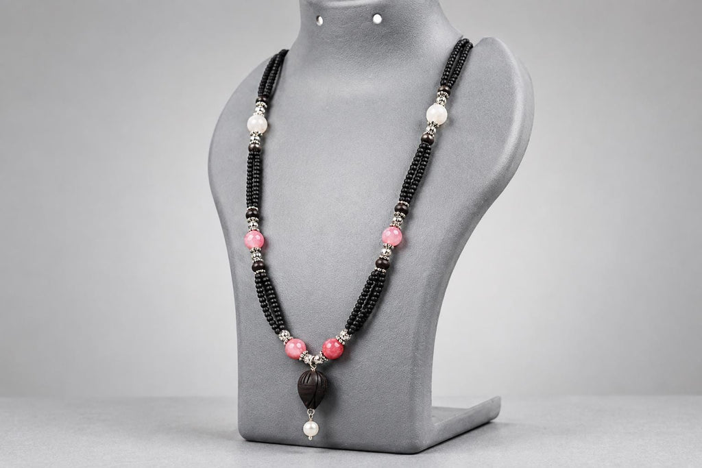 3 Strand Tulsi Mala Necklace with Pearls, Pink Gemstone, 20 Inch Sacred Wood Jewelry