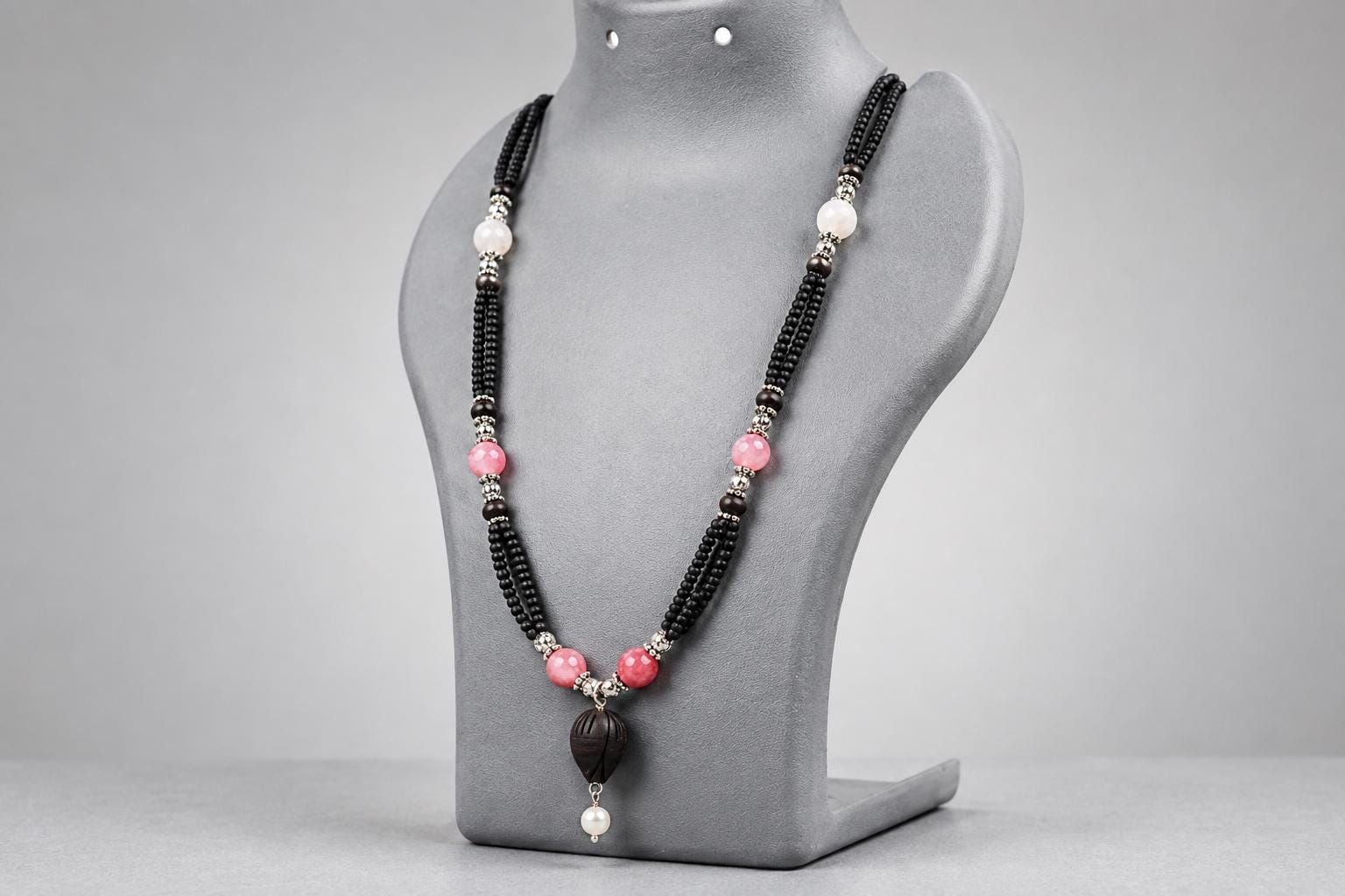 3 Strand Tulsi Mala Necklace with Pearls, Pink Gemstone, 20 Inch Sacred Wood Jewelry