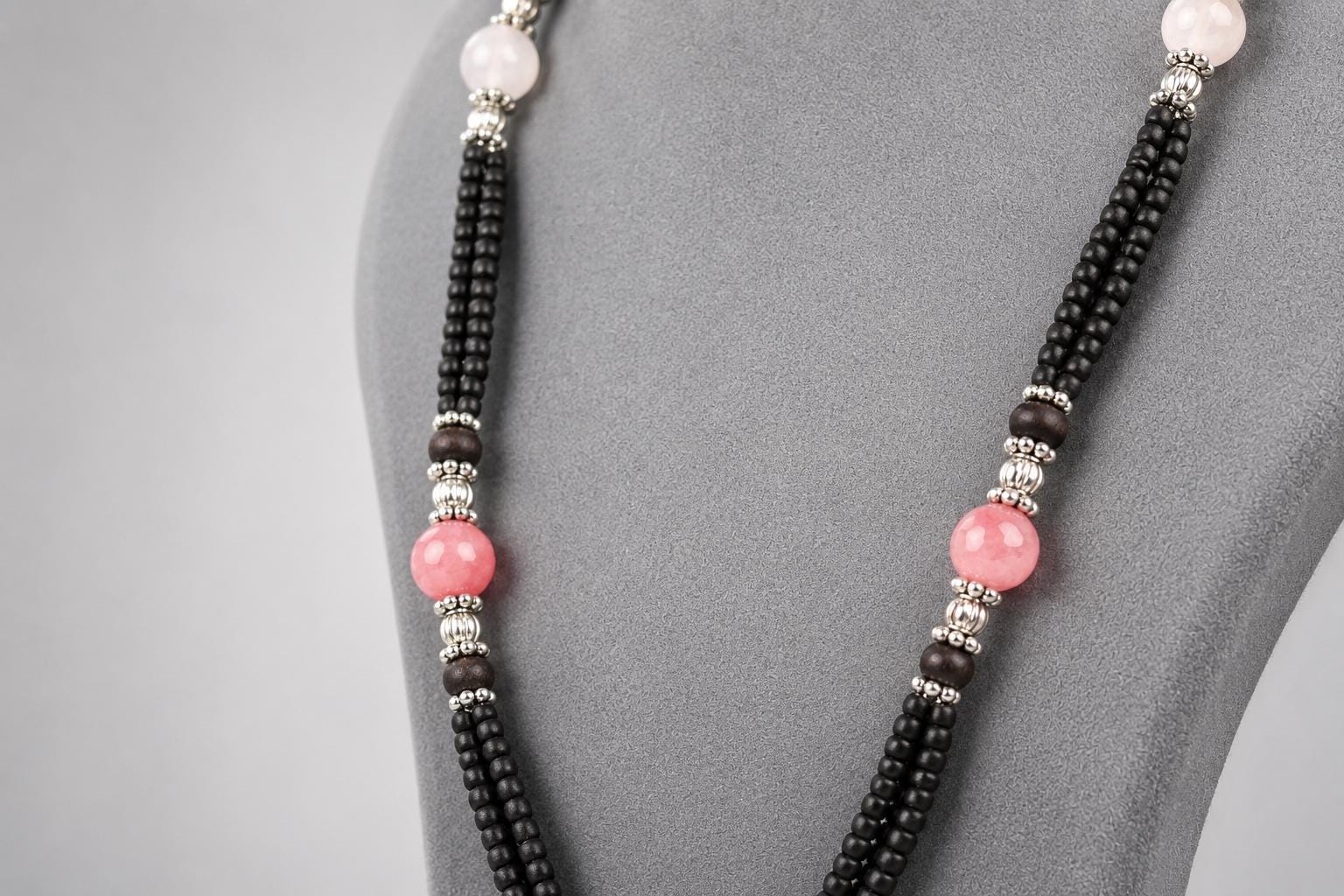 3 Strand Tulsi Mala Necklace with Pearls, Pink Gemstone, 20 Inch Sacred Wood Jewelry
