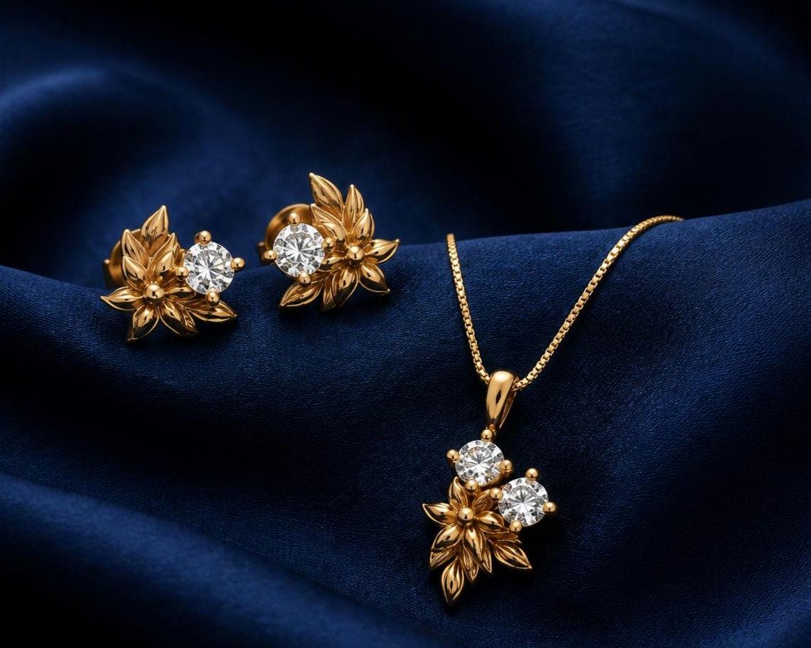 Elegant Floral Necklace & Stud Earrings Set – Handmade Jewelry with Diamond Zirconia Italian Alloy Metal