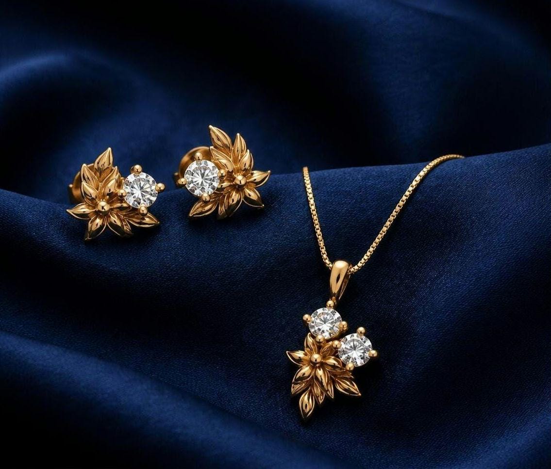 Elegant Floral Necklace & Stud Earrings Set – Handmade Jewelry with Diamond Zirconia Italian Alloy Metal