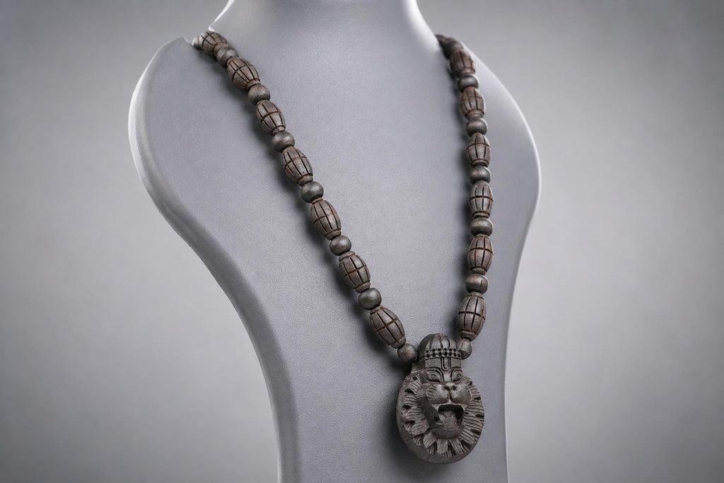 Hand Carved Tulsi Wood Narasimha Mala Necklace - Protection Pendant Jewelry - Spiritual Gift