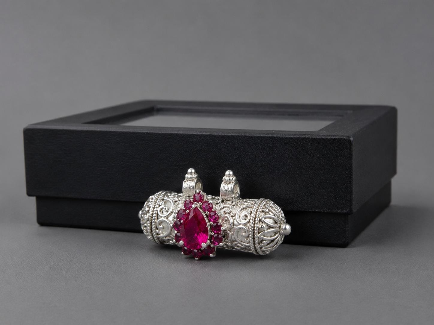 Sterling Silver Narsimha Kavach Pendant, Pink Gemstone, ISKCON Devotional Locket