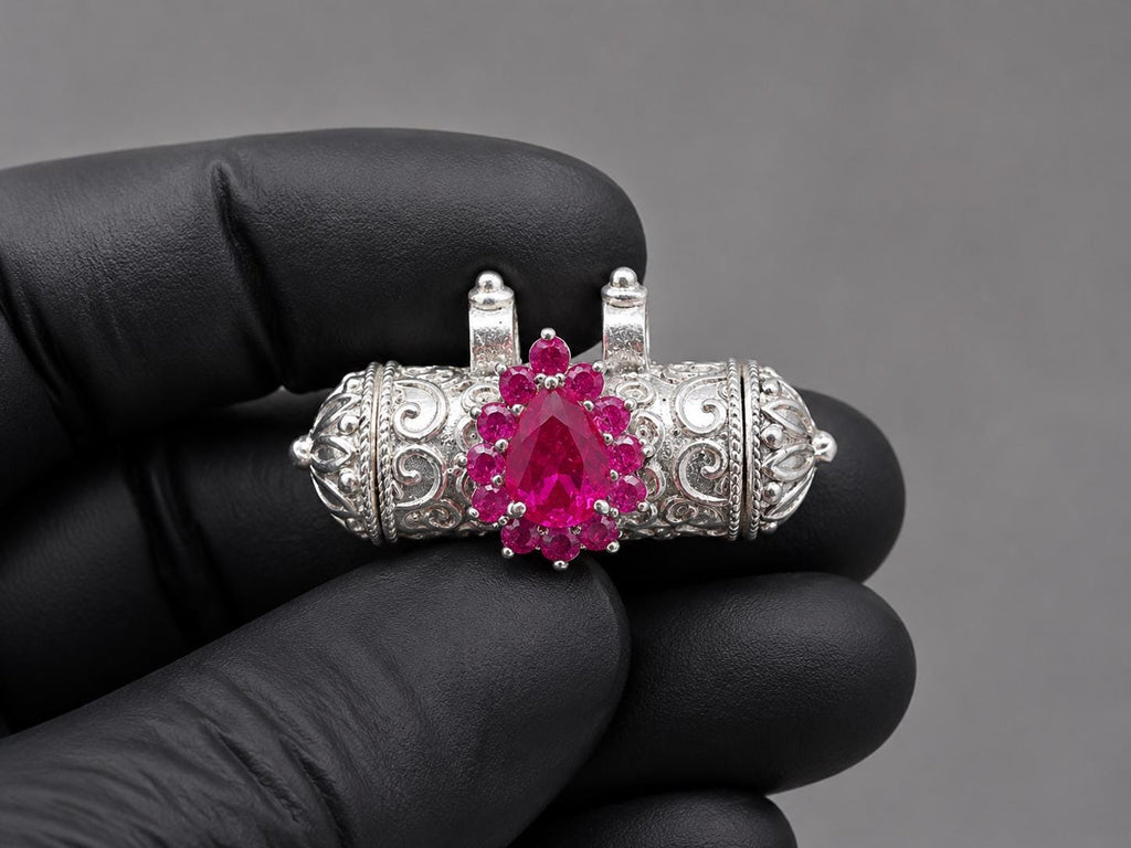 Sterling Silver Narsimha Kavach Pendant, Pink Gemstone, ISKCON Devotional Locket
