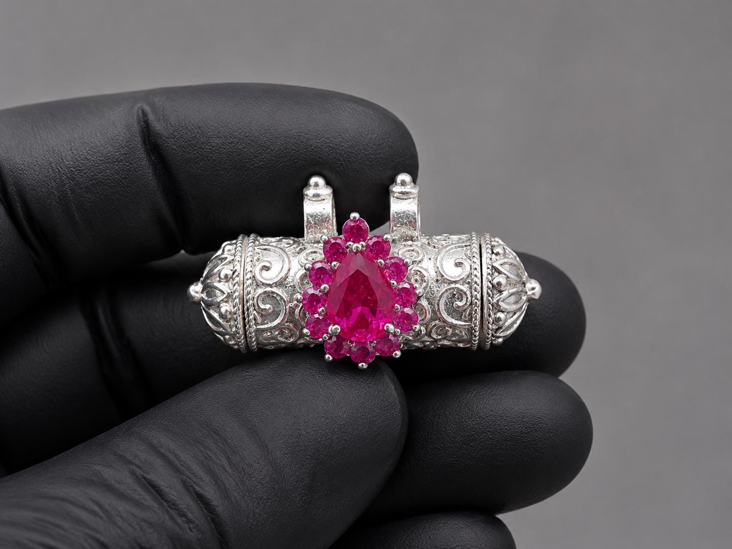 Sterling Silver Narsimha Kavach Pendant, Pink Gemstone, ISKCON Devotional Locket