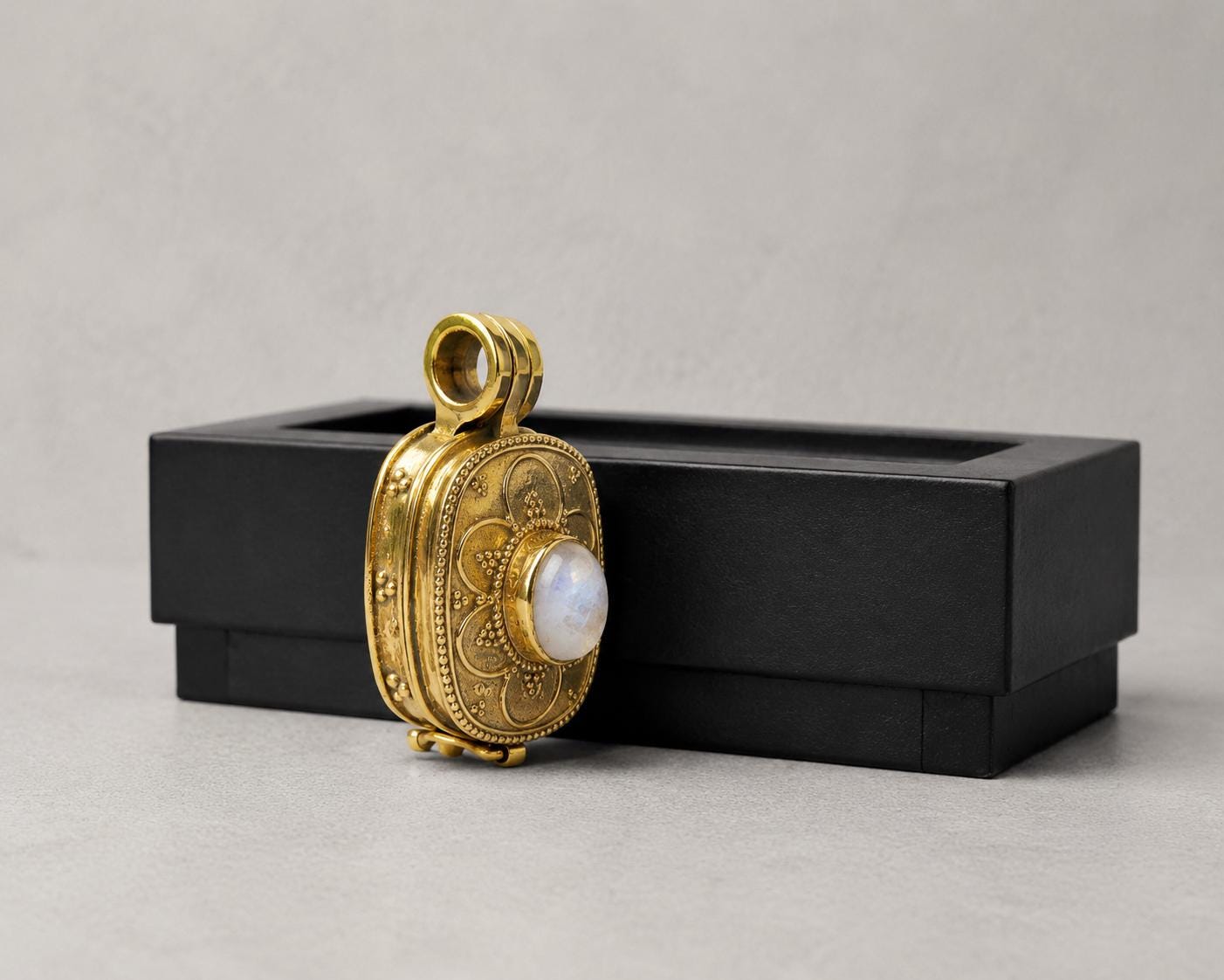 Panchaloha Pendant With moon Stone, Sri Narasimha Protection Locket, Antique Floral Indian Jewelry