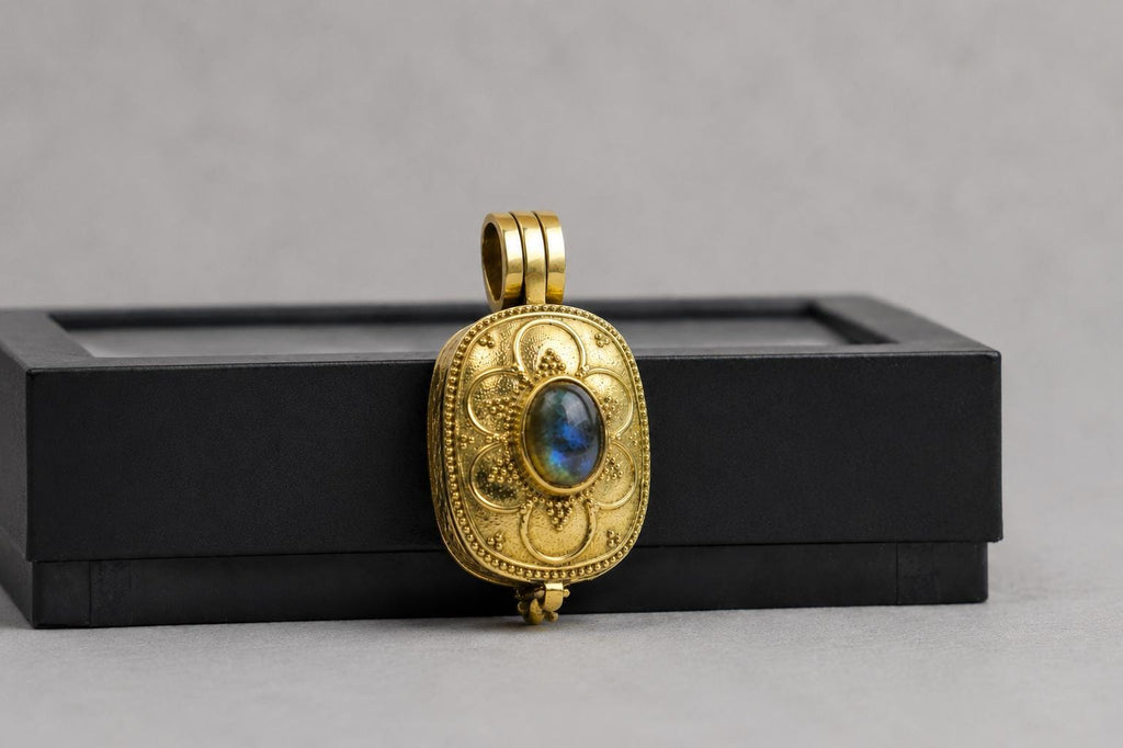 Panchaloha Pendant With Blue Stone, Sri Narasimha Protection Locket, Antique Floral Indian Jewelry