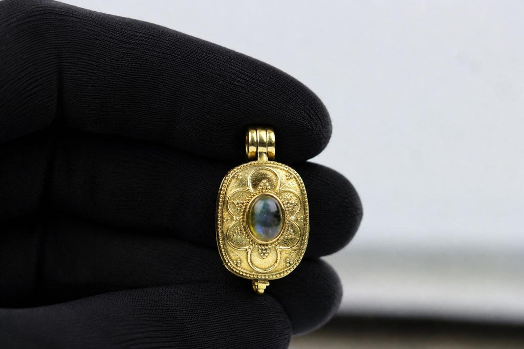 Panchaloha Pendant With Blue Stone, Sri Narasimha Protection Locket, Antique Floral Indian Jewelry