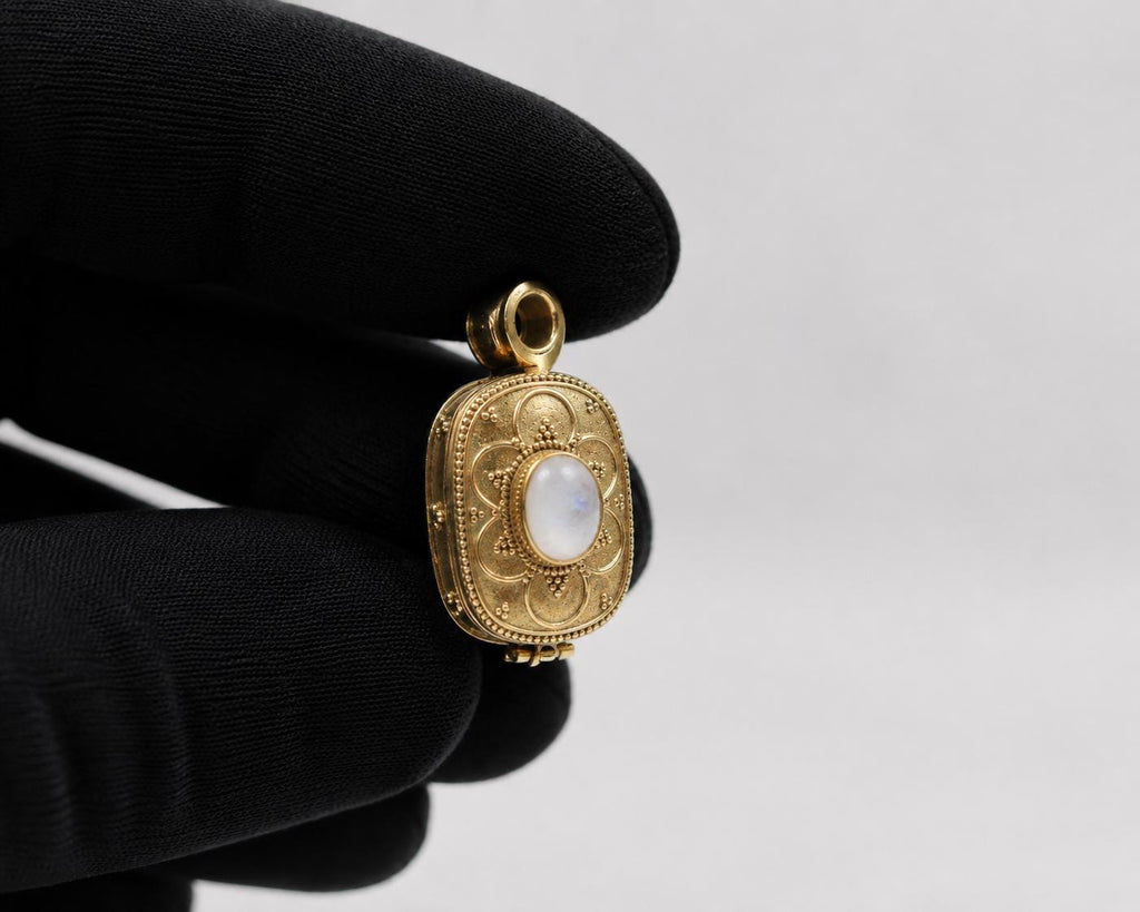 Panchaloha Pendant With moon Stone, Sri Narasimha Protection Locket, Antique Floral Indian Jewelry