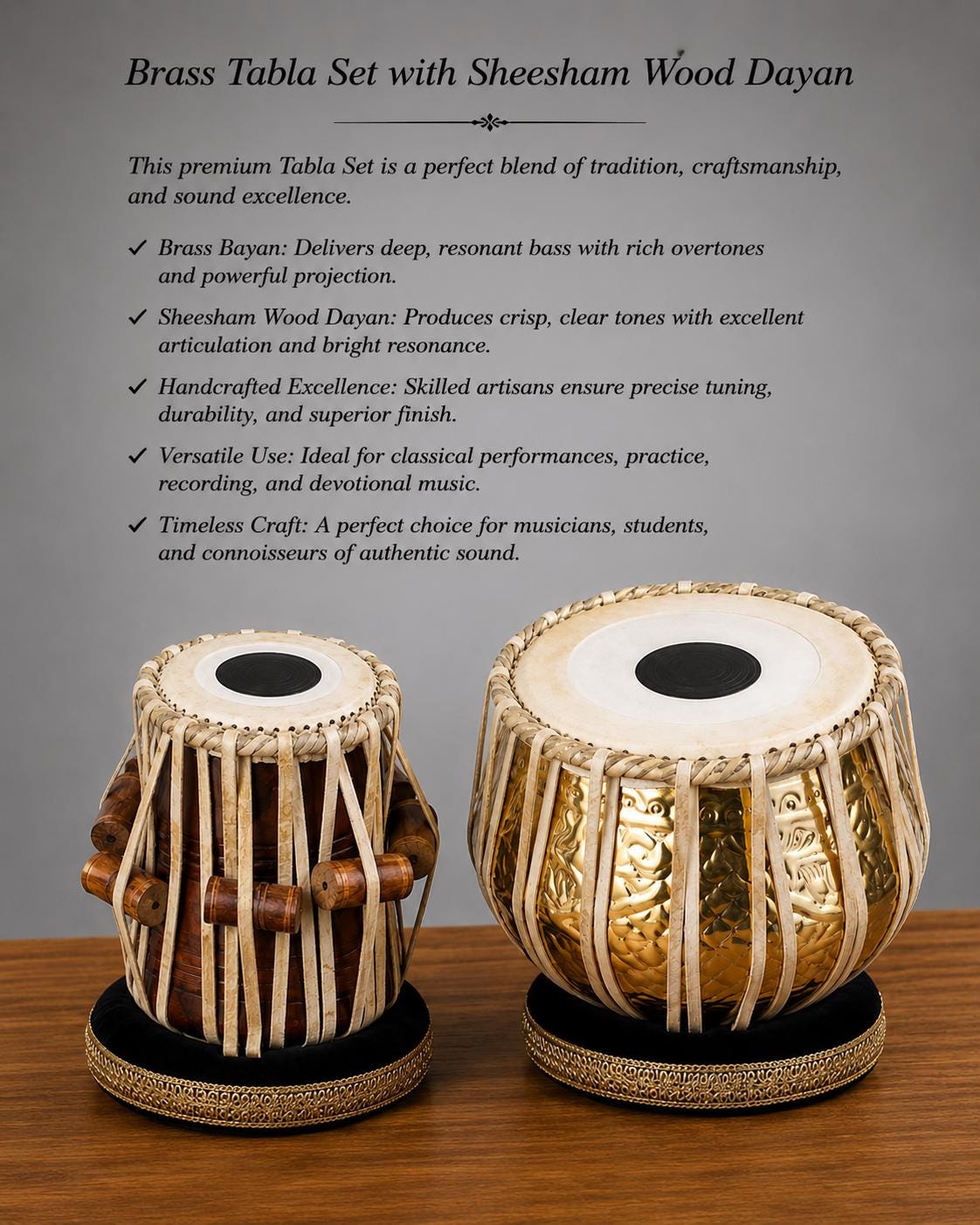 Handcrafted Brass Tabla Set with Sheesham Wood Dayan – Professional Indian Percussion Drums - gift for musician