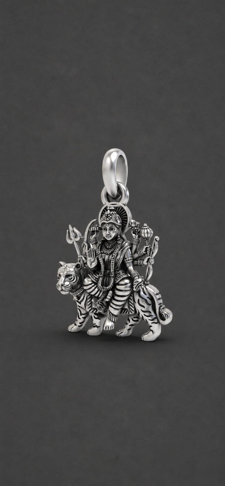 925 Pure Sterling Silver Durga Maa Pendant | Tiger Goddess Spiritual Amulet (25mm)
