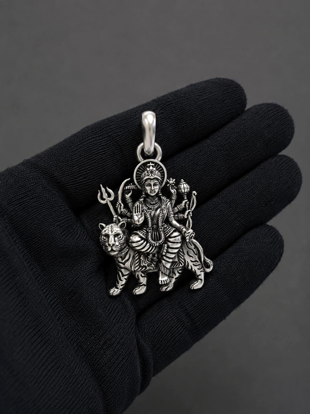 925 Pure Sterling Silver Durga Maa Pendant | Tiger Goddess Spiritual Amulet (25mm)
