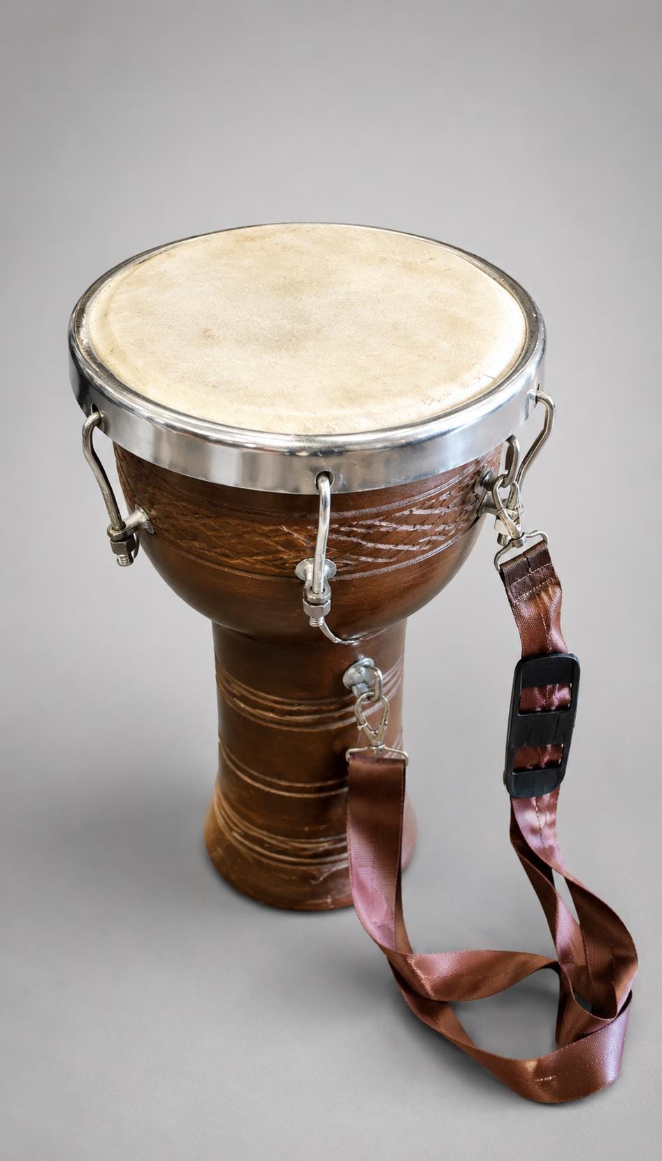 Handmade 20 Inch Djembe Drum, Indian Percussion Instrument, Wooden Body, Single Head, Shoulder Strap - Folk Art