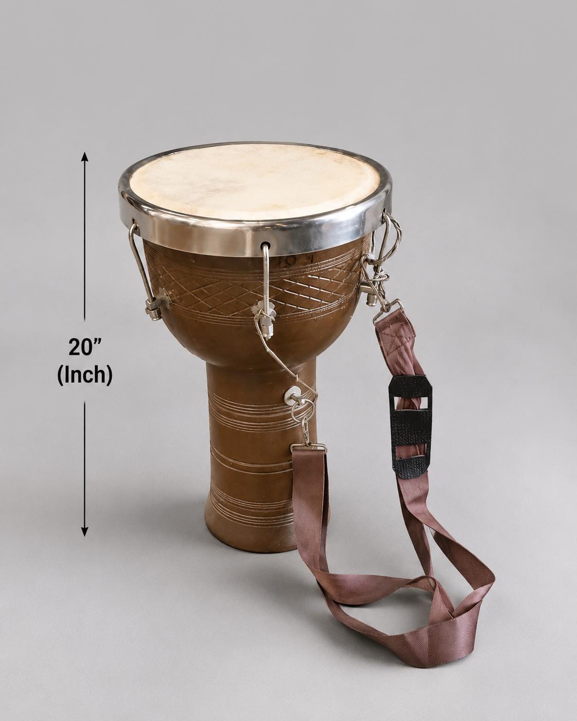 Handmade 20 Inch Djembe Drum, Indian Percussion Instrument, Wooden Body, Single Head, Shoulder Strap - Folk Art