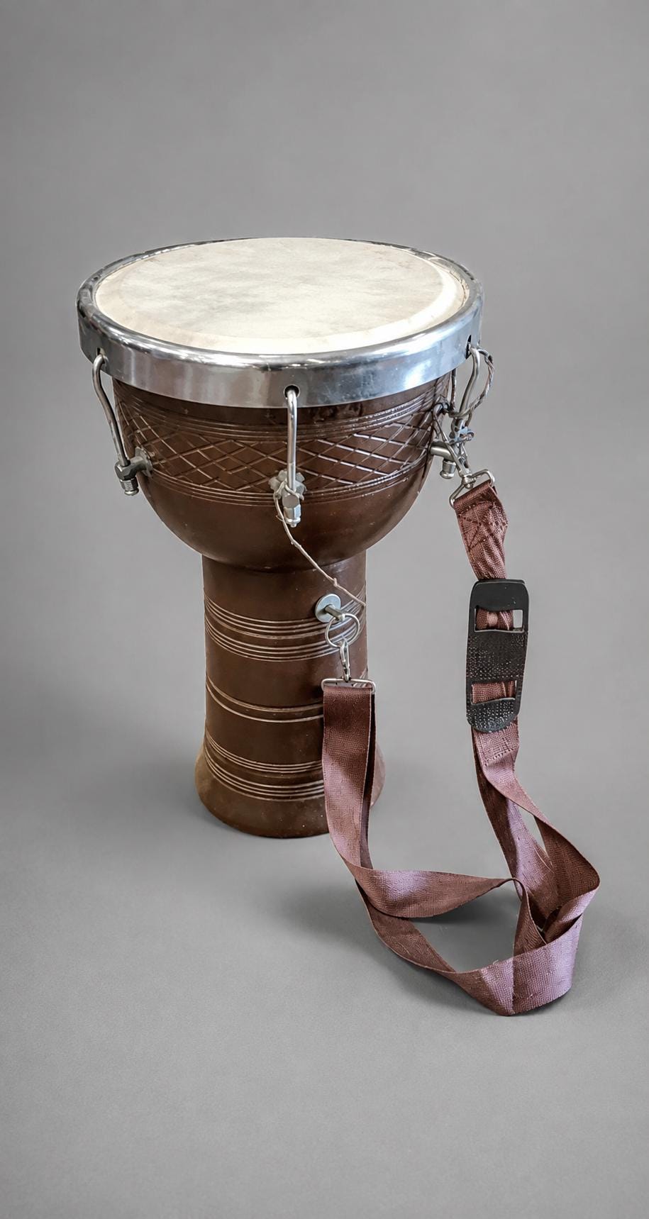 Handmade 20 Inch Djembe Drum, Indian Percussion Instrument, Wooden Body, Single Head, Shoulder Strap - Folk Art