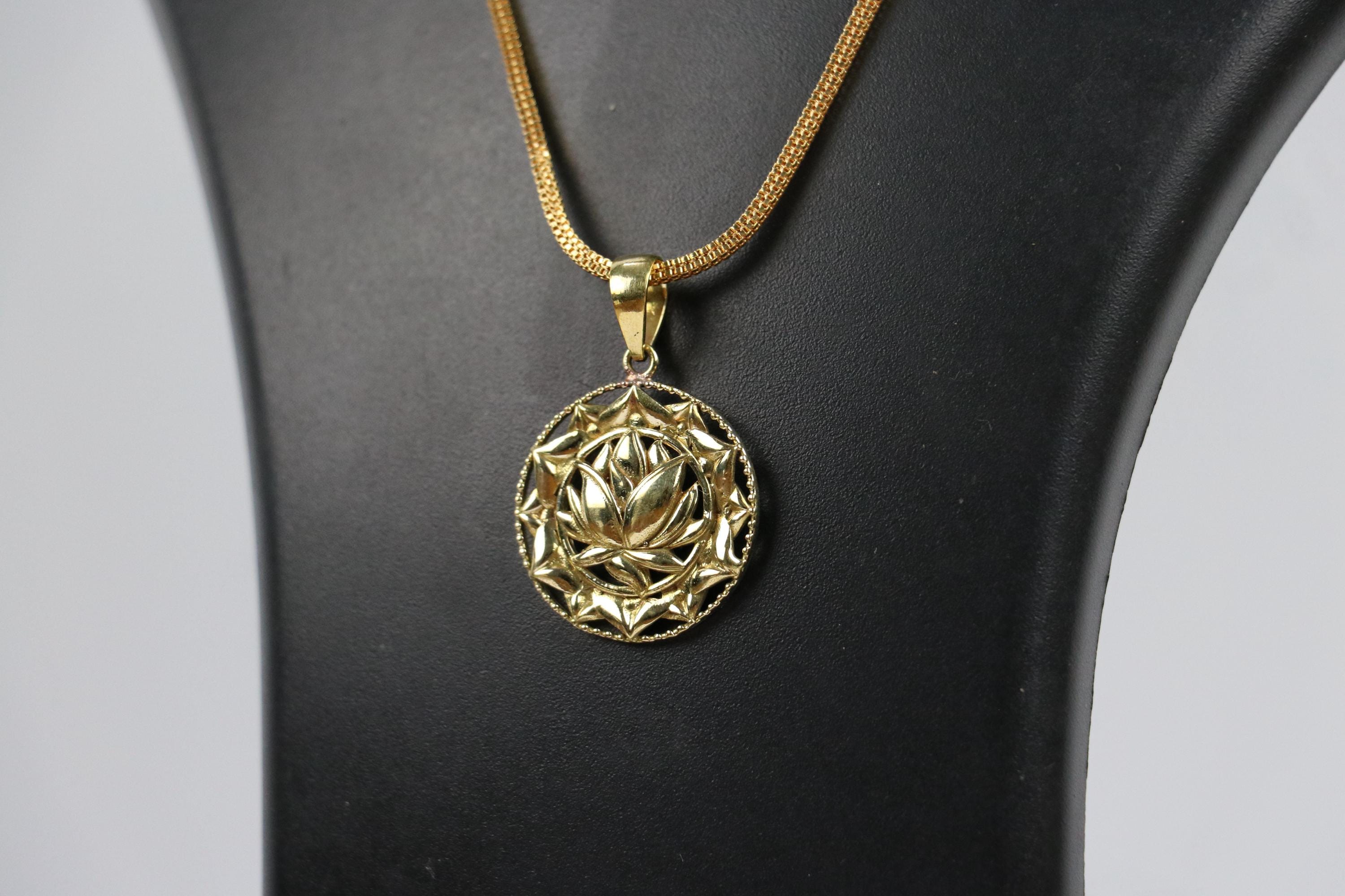 Panchaloha Lotus Pendant Necklace, Gold Tone Chain, Spiritual Indian Jewelry