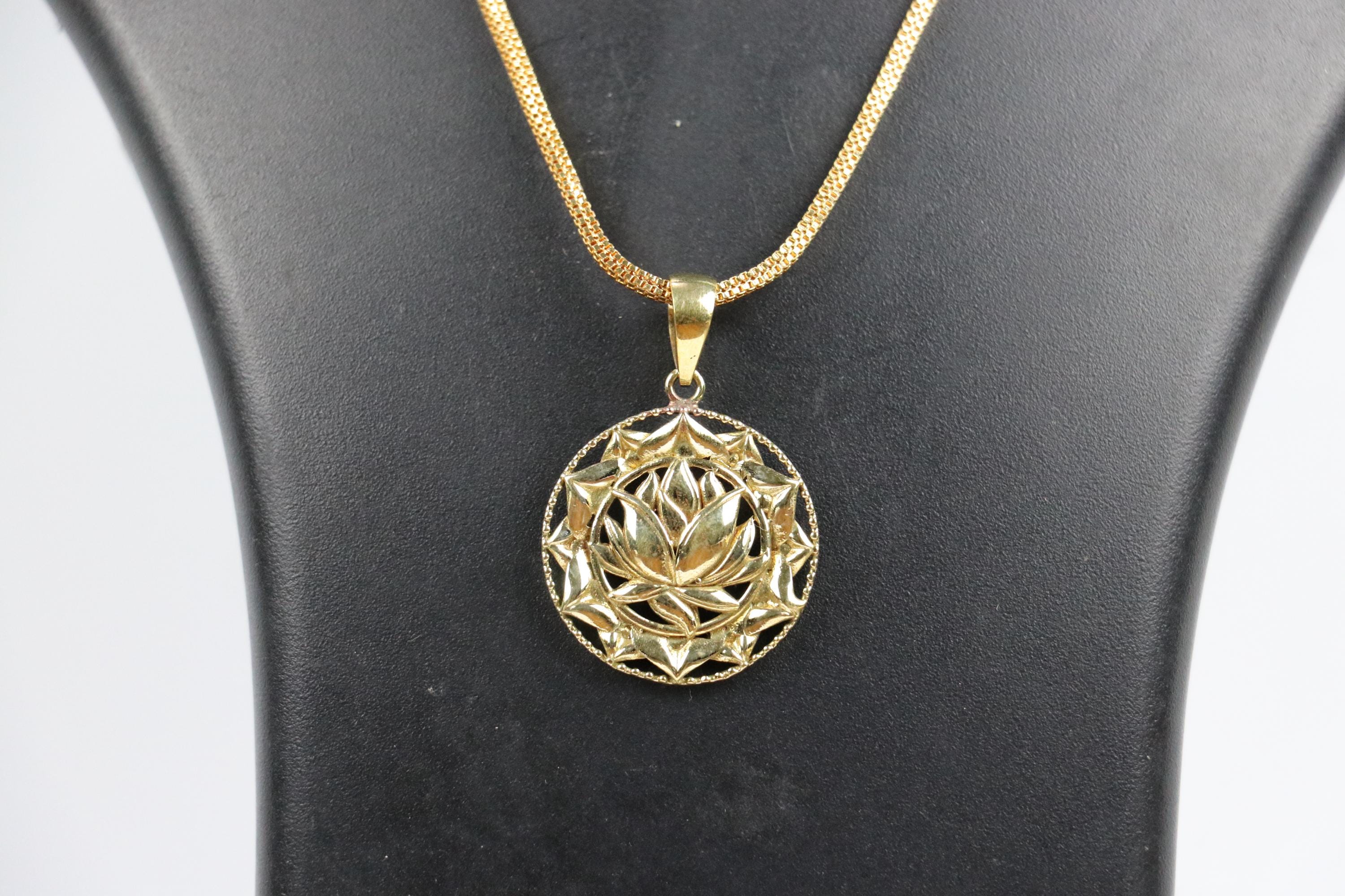 Panchaloha Lotus Pendant Necklace, Gold Tone Chain, Spiritual Indian Jewelry