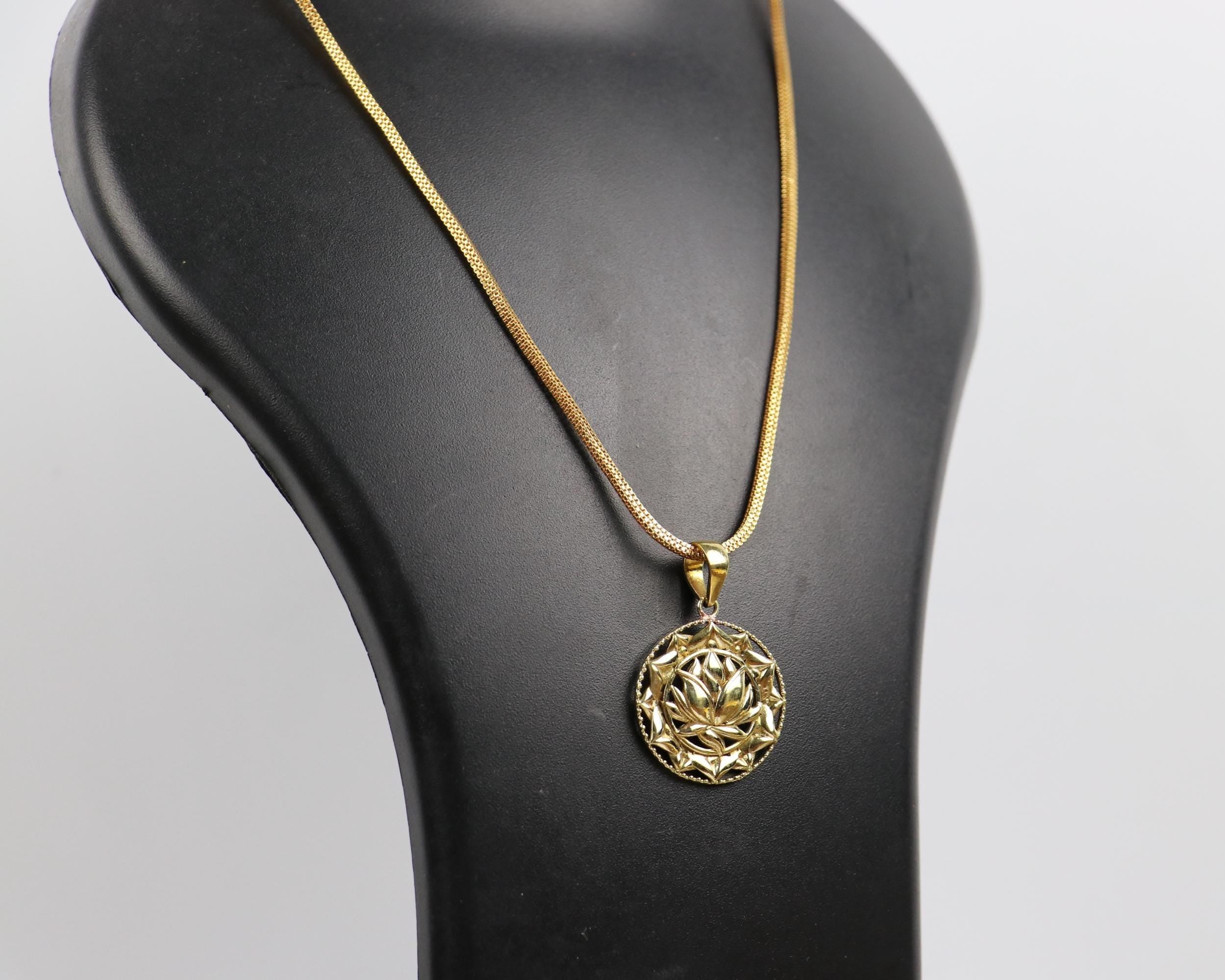Panchaloha Lotus Pendant Necklace, Gold Tone Chain, Spiritual Indian Jewelry