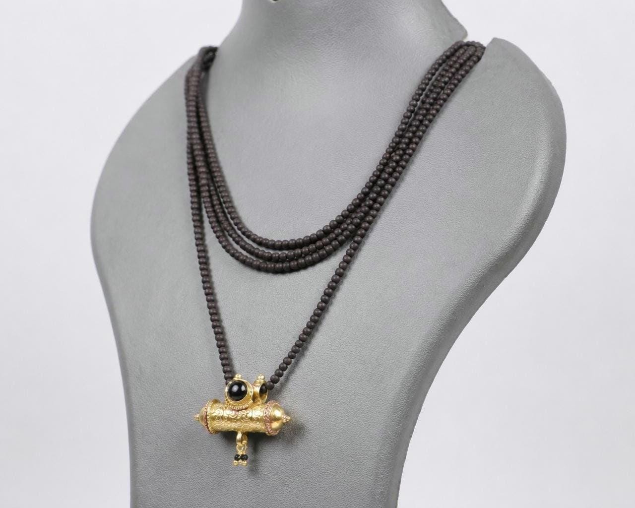 3-Round Black Tulsi Mala with Panchaloha Narsimha  Pendant