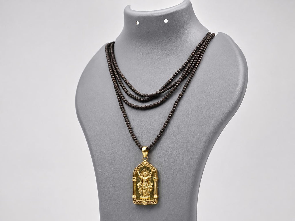 Panchaloha Chaitanya Mahaprabhu Pendant, 3-Round Black Tulsi Mala Necklace